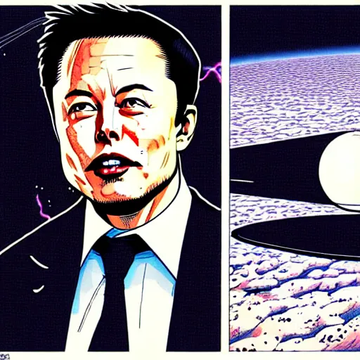 Prompt: elon musk and spacex manga by katsuhiro otomo