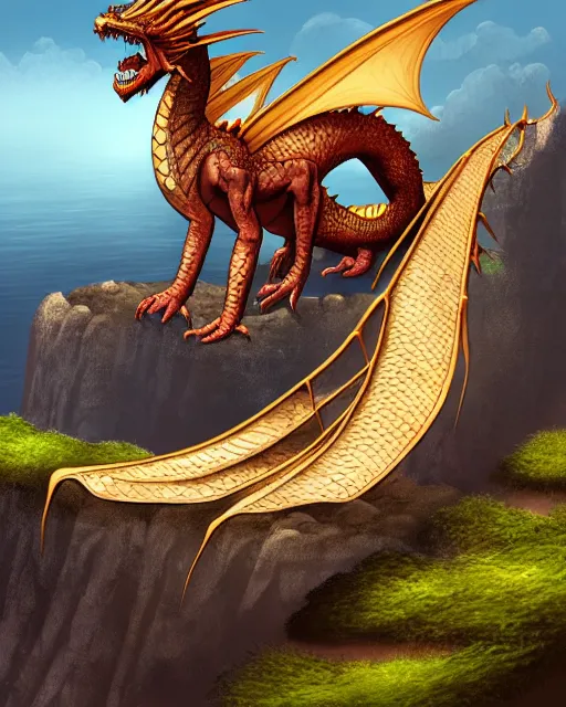 Image similar to digital illustration of a beautiful female dragon creature, scales, quadrupedal, sitting on the edge of a cliff overlooking a small medival village, | | epic - fine - clean, polished, trending on artstation, anime style, brush strokes