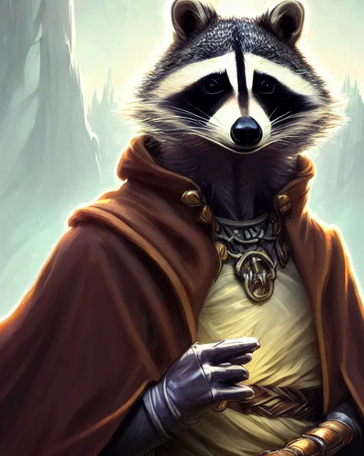 Image similar to anthropomorphic hooded raccoon cleiric, deep focus, d & d, fantasy, intricate, elegant, highly detailed, digital painting, artstation, concept art, matte, sharp focus, illustration, hearthstone, art by artgerm and greg rutkowski and alphonse mucha