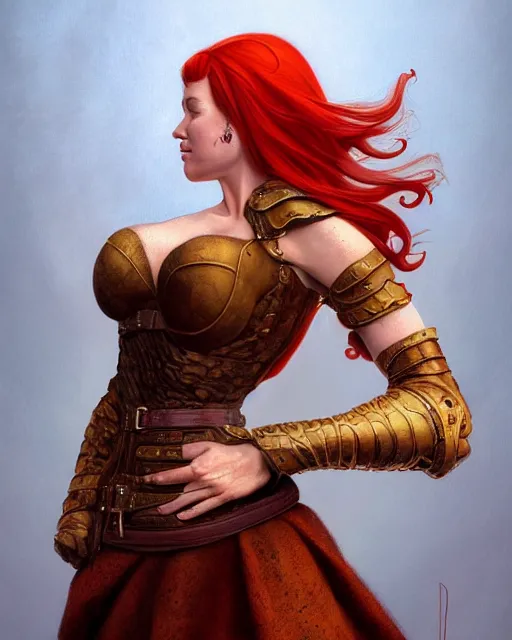 Image similar to portrait of a beautiful young women with red hair and freckles, slight smile, renaissance colorful dress, leather armor, music instrument in hand, backlit, digital painting by Michael Whelan and and boris vallejo, dnd illustration, trending on Artstation, sfw