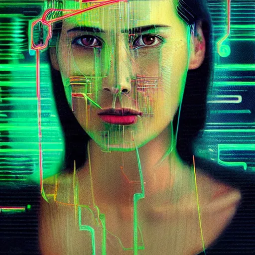 Prompt: portrait of a olivia munn as a cyberpunk hacker, with wires and bandages, machines, glitched, photography, marta syrko, julia margaret cameron, painterly, dripping and splashing coloured paint. scumbling, de kooning, craig mullins