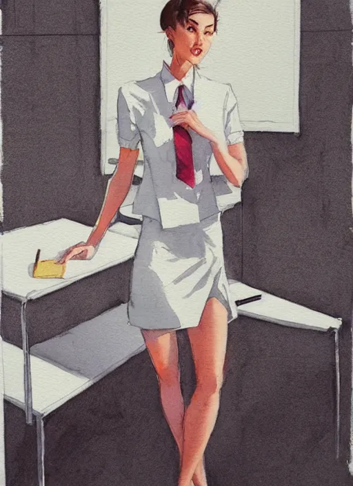 Image similar to concept art of a modern office life, young business woman, pencil miniskirt, pinterest, artstation trending, behance, watercolor, by coby whitmore, silver, laser light,