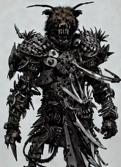 Prompt: Full body portrait of a gnoll warrior with a armour made of bones. In style of Yoji Shinkawa and Hyung-tae Kim, trending on ArtStation, dark fantasy, great composition, concept art, highly detailed, dynamic pose.