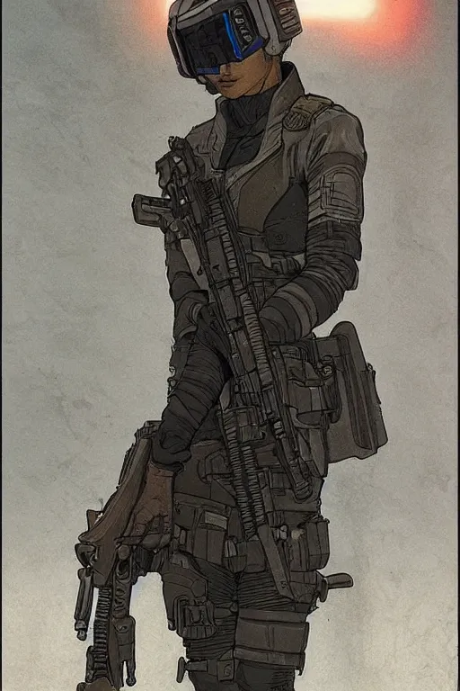 Image similar to adaego the ghost. blackops mercenary in near future tactical gear and cyberpunk headset. Blade Runner 2049. concept art by James Gurney and Mœbius.