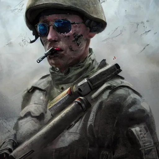 Prompt: A British PMC in gray uniform smoking a cigarette surrounded by destroyed enemy vehicles, by Cedric Peyravernay, highly detailed, excellent composition, cinematic concept art, dramatic lighting, trending on ArtStation
