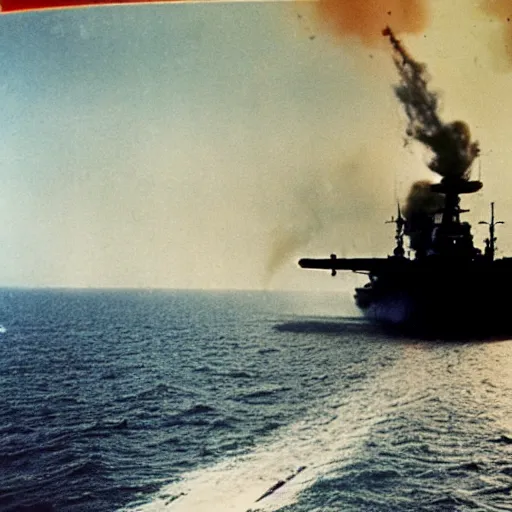 Image similar to view from the deck of a batteship firing a broadside, kamikaze planes diving, world war ii, high resolution colour photo