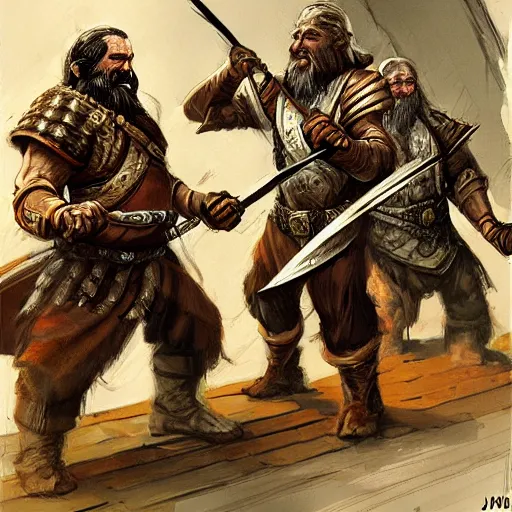 Prompt: DnD dwarves in gladitorial duel. Concept art by james gurney.