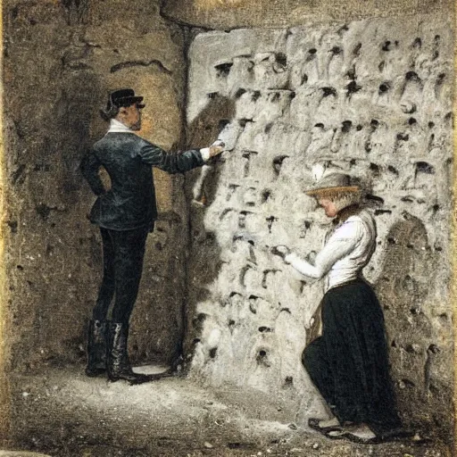 Image similar to young victorian man and woman investigators solving a riddle carved into a stonewall in a dungeon, by alfred stevens