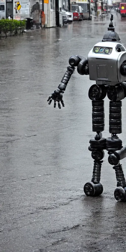 Image similar to robot on the road, city, photo, rain,