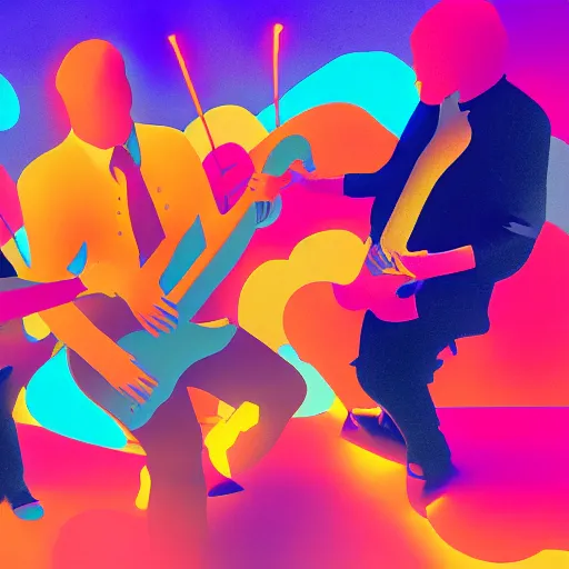 Image similar to a guitarist, sax player, drummer, and a keyboard player on stage with professional lighting. jazz. party. fun. abstract. oil paint. volumetric lighting. digital image. highly saturated. whimsical. digital art, octane, ue 5, 8 k, 4 k, hq, concept art