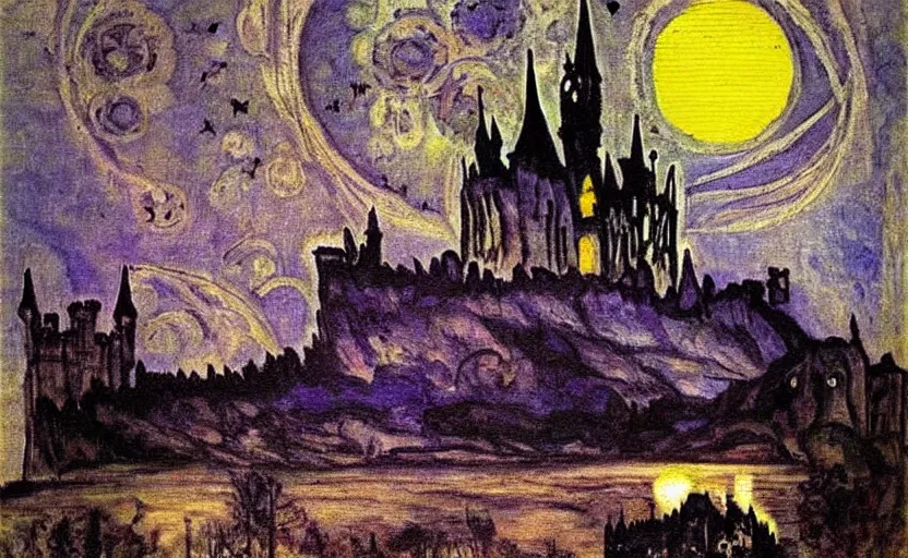 Image similar to oil painting by mikhail vrubel, full moon, french gothic burning! castle, bats flying away from castle, blur, bokeh,