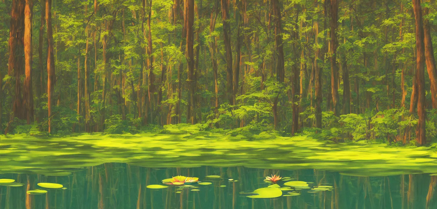 Image similar to a forest atmosphere floating on a large lily pad, photoillustration ink drawing acrylic art digital illustration oil on canvas photorealistic polished sci - fi filmic stock photo landscape polished photorealistic, by moebius and edward hopper, vivid bright light, colorful flat surreal design, hd, 4 k, artstation