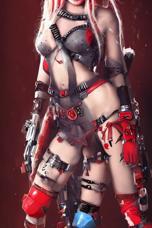 Prompt: portrait of Harley Quinn in bikini armor, dc comics, cyberpunk, Warhammer 40000, digital art from artstation