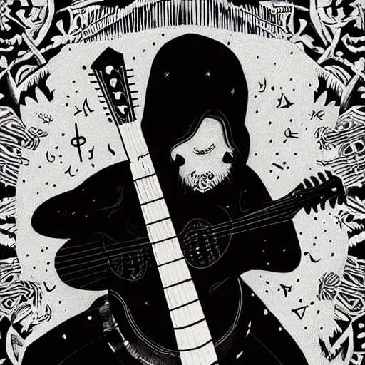 Image similar to black white purple painting on black paper, folkloric illustration , the guitar player , tarot by Andreas Rocha