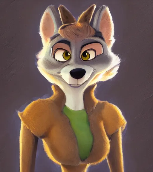 Image similar to oil painting bust of anthromorphic female wolf, in style of zootopia, zootopia, zootopia, fursona, furry, furaffinity, 4 k, deviantart, furry art, fursona art, wearing black business suit, business suit, in style of zootopia, wolf fursona, cyberpunk, female, expressive detailed feminine face,