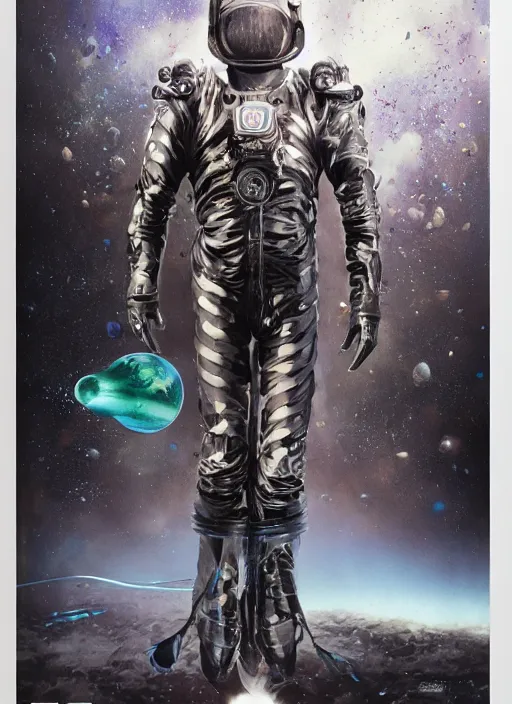 Image similar to astronauts in dark void underwater - complex and hyperdetailed technical suit. reflection and dispersion materials. rays and dispersion of light. volumetric light. f / 3 2. noise film photo. flash photography. ultra realistic, wide angle. poster by wayne barlowe, hajime sorayama aaron horkey, craig mullins