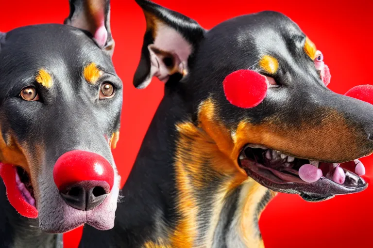 Prompt: profile of a snarling doberman wearing clown makeup and a red rubber nose, 4 k, hdr color