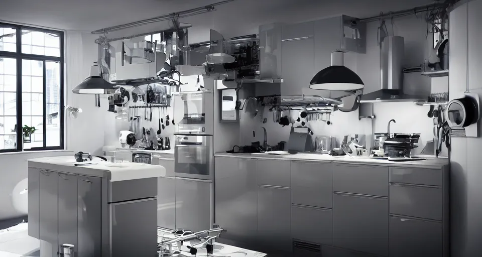 Prompt: IKEA catalogue photo of a cyberpunk kitchen on a spaceship, by Monet