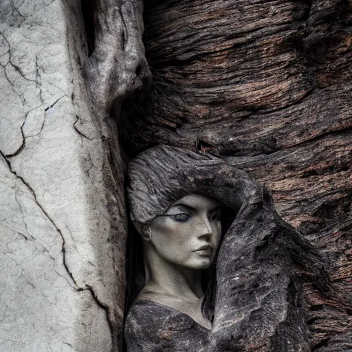 Image similar to beautiful stone woman, lava flowing, exotic trees, bare bark, dark eyes, low angle mist, high octane, frostbite, 8 k, cinematic, 3 5 mm,