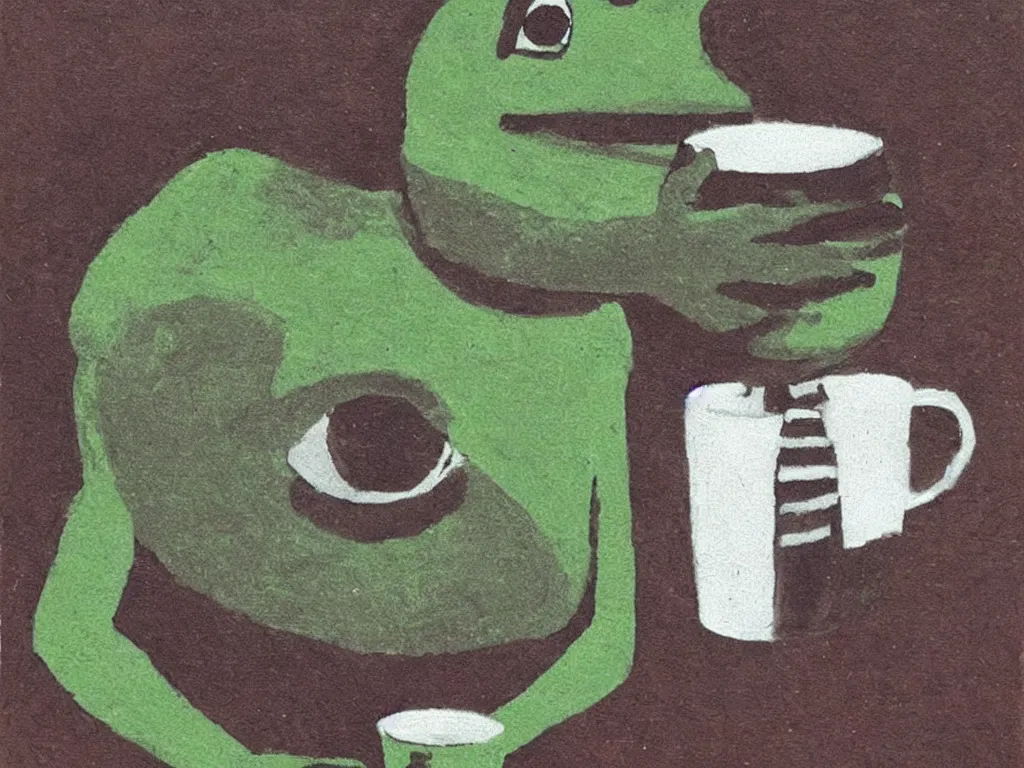 Prompt: portrait of a pepe! the frog! drinking coffee in the style of tarkovsky, old photo