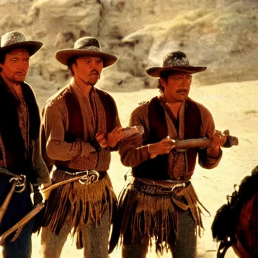 Image similar to the three amigos hire a fourth amigo, high detailed, cinematic, photorealistic, movie still,