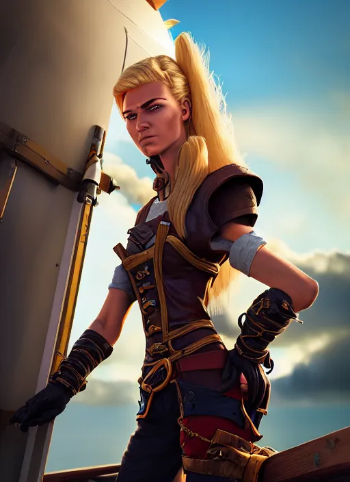 Image similar to An epic fantasy comic book style portrait painting of tall blonde haired female sky-pirate with a serious face and a pony tail in front of a metal gangplank, unreal 5, DAZ, hyperrealistic, octane render, cosplay, RPG portrait, dynamic lighting