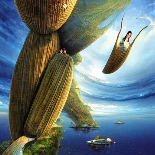 Image similar to beautiful portrait of bamboo living pods shaped like a sea shell built on the side of a cliff, the time machine, sky shuttle, spaceship by john berkey, panoramic view, ssci - fi, futuristic valley, rendered in octane, rendered in cinema 4 d, art by artgerm, artwork by peter gric and brian froud and esao andrews and david hardy