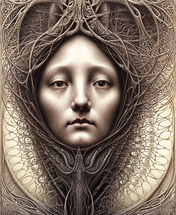 Image similar to detailed realistic beautiful moon goddess face portrait by jean delville, gustave dore, iris van herpen and marco mazzoni, art forms of nature by ernst haeckel, art nouveau, symbolist, visionary, gothic, neo - gothic, pre - raphaelite, fractal lace, intricate alien botanicals, ai biodiversity, surreality, hyperdetailed ultrasharp octane render