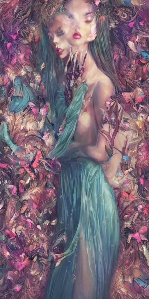 Prompt: beautiful, young woman, extremely detailed gorgeous face, antlers on her head, sad eyes, long luxurious gown flowing gown, tall thin, sexy body, fantasy background, tears, vaporwave aesthetic, synthwave, photo-realistic face, digital, flowers, butterflies, birds, painting, artstation, concept art, smooth, sharp focus, illustration, art by artgerm and greg rutkowski and alphonse mucha