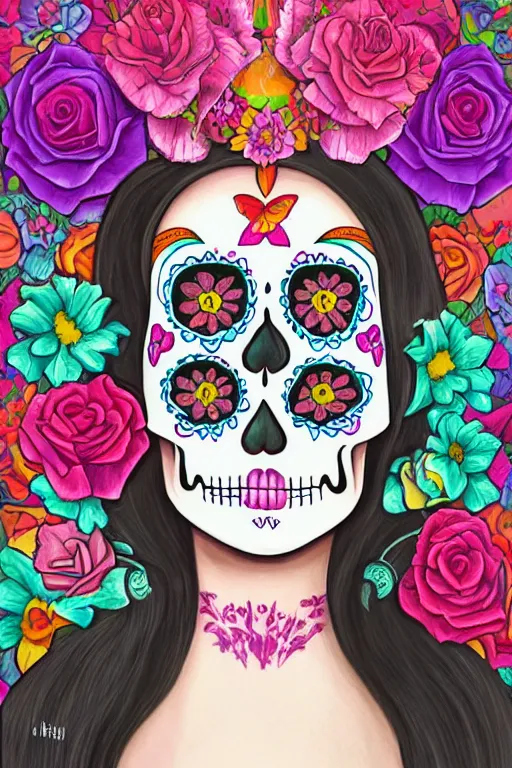 Image similar to illustration of a sugar skull day of the dead girl, art by lixin yin