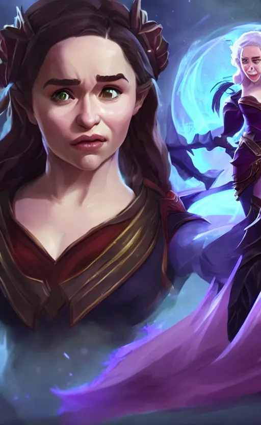 Prompt: Emilia Clarke as a character in the game League of Legends, with a background based on the game League of Legends, detailed face, old 3d graphics