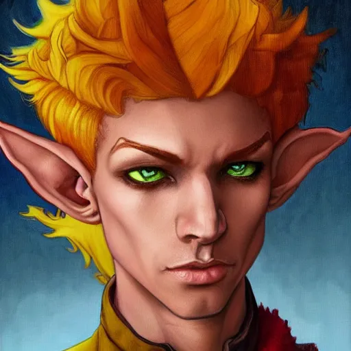 Image similar to dnd character portrait of a beautiful and androgynous half - elf with messy short red hair and catlike features and dark skin tone and yellow eyes with slit pupils, golden hour, wearing a colorful men's suit, realistic painting by tasha beckwith and ross tran and kehinde wiley and gerald brom and alphonse mucha, trending on artstation