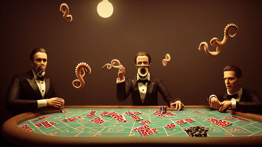 Image similar to hyperrealism simulation highly detailed human octopuses'wearing detailed tuxedos and smoking, playing poker in surreal scene from art house movie from future by wes anderson and denis villeneuve and mike winkelmann rendered in blender and octane render