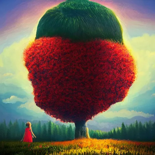 Prompt: girl with singular giant flower as a face, surreal photography, dream, dress flowing into flower field, hills, big trees, sunrise dramatic light, impressionist painting, colorful clouds, digital painting, pointillism, artstation, simon stalenhag