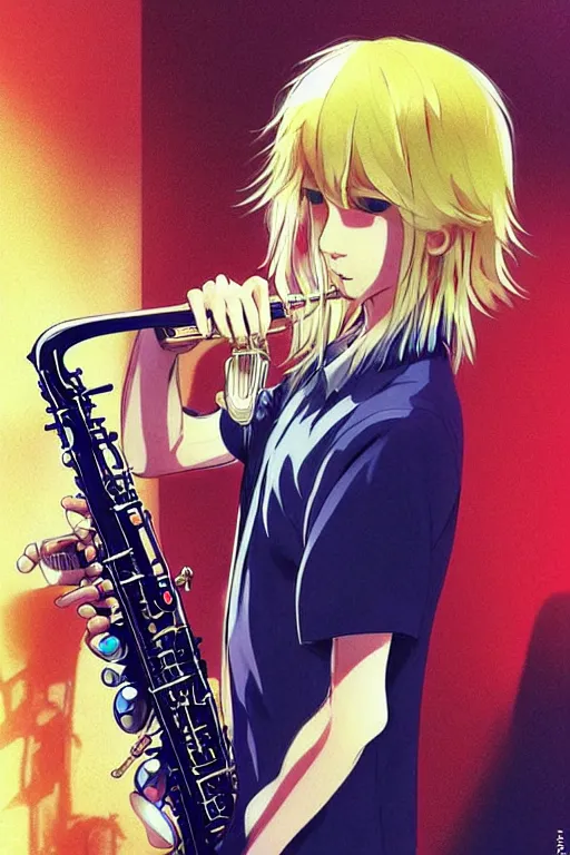 Prompt: wide view of a hippie Blonde Guy Short Hair Sharp fine face playing sax, pretty face, realistic shaded Perfect face, fine details. Anime. by makoto sinkai, katsuhiro otomo ghost in the shell movie scene, magali villeneuve, artgerm, rutkowski