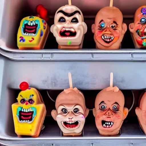 Prompt: close up menu of ice cream popsicles shaped like screaming chucky dolls on side of ice cream truck