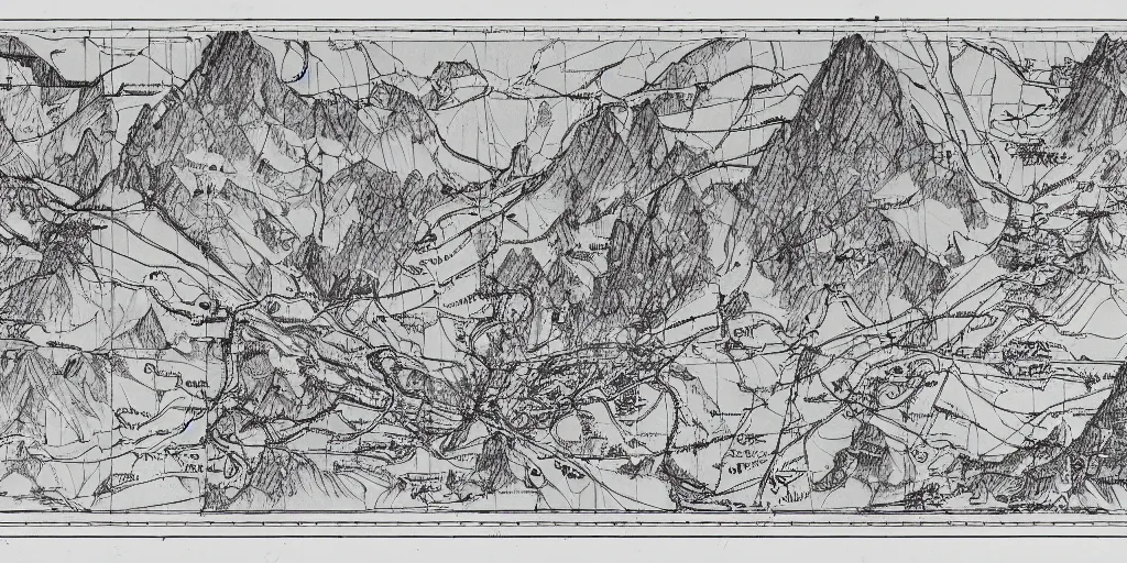 Image similar to technical drawing of dolomites and tyrolean folklore masks, multiple layers, detailed map, notes, stylized, blueprint, black and white, old, erosion