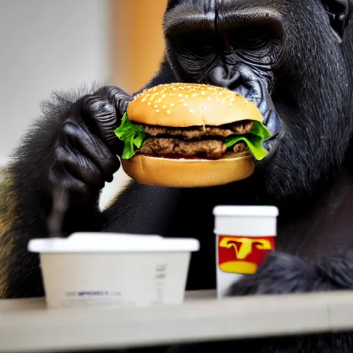 Image similar to detailed sharp photo of a gorilla eating a burger inside a McDonald's in santa fe