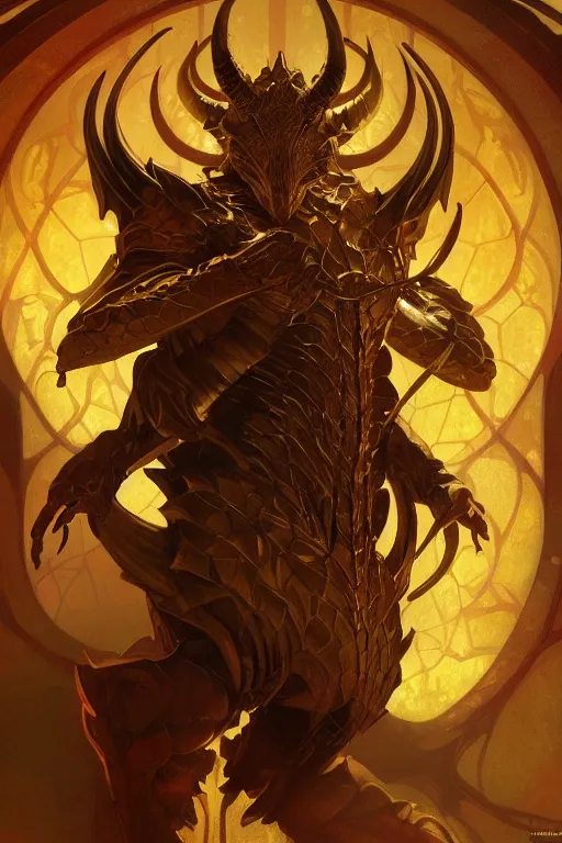 Image similar to full figure beautiful young fit antrophomorphic male dragon, great horns, armored, luminous scene, by greg rutkowski and alphonse mucha, d & d character, gradient yellow to red, in hell, highly detailed portrait, digital painting, artstation, concept art, smooth, sharp focus illustration, artstation hq