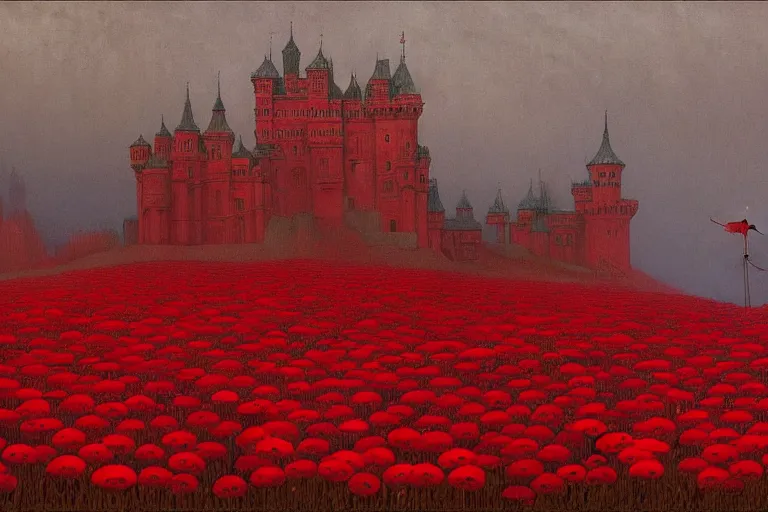 Image similar to only with red, red flowers of different types, red castle in background, red medieval big goblins, in the style of beksinski, parts by edward hopper, parts by rodcenko, parts by yue minjun, intricate and epic composition, red by caravaggio, insanely quality, highly detailed, masterpiece, red light, artstation, 4 k