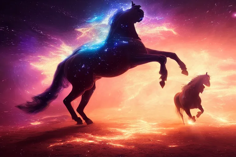 Image similar to a stunning horse made of illuminated stardust particles running through a space nebula by greg rutkowski, high key lighting, volumetric light, digital art, highly detailed, fine detail, intricate, ornate, complex, octane render, unreal engine, photorealistic