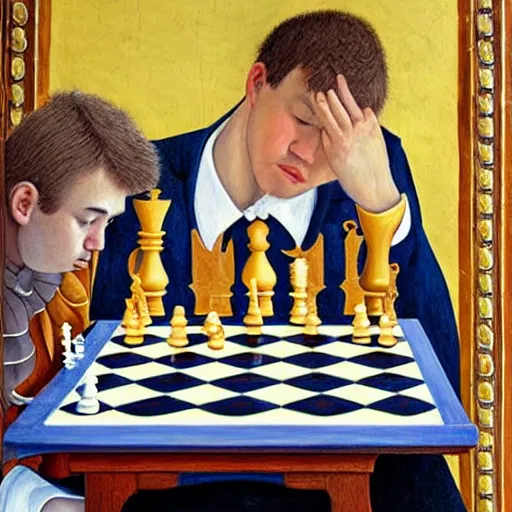 Image similar to highly detailed painting of magnus carlsen playing chess, sandro botticelli