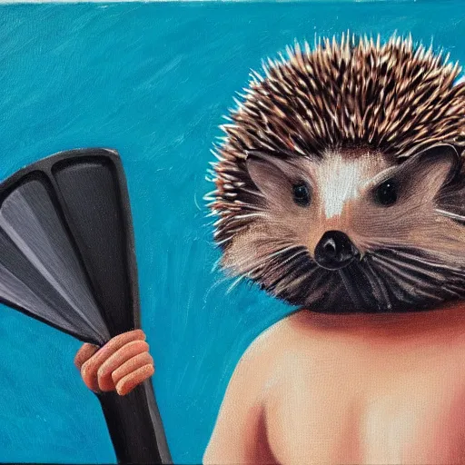 Image similar to hedgehog melting in the heat with a fan pointing at the hedgehog, oil on canvas, detailed, art