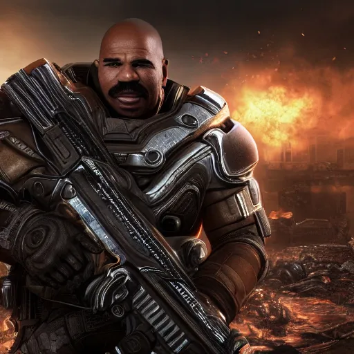 Image similar to Portrait of Steve Harvey in Gears of War, splash art, movie still, cinematic lighting, dramatic, octane render, long lens, shallow depth of field, bokeh, anamorphic lens flare, 8k, hyper detailed, 35mm film grain