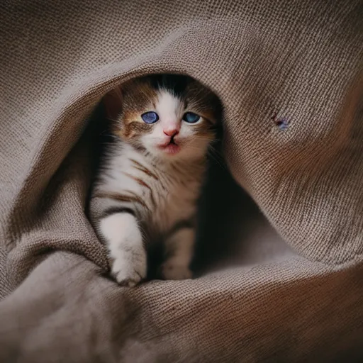 Image similar to a sleepy and cute kitten laying under a blanket, canon eos r 3, f / 1. 4, iso 2 0 0, 1 / 1 6 0 s, 8 k, raw, unedited, symmetrical balance, in - frame