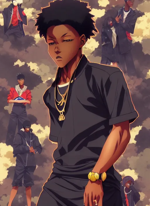 Image similar to handsome hip hop young black man only, anime style only, confident, scenery wallpaper aesthetic, vintage retro colors, symmetrical face, cinematic, dramatic, super detailed and intricate, hyper realistic, 4 k render, by artgerm, by kyoung hwan kim, by ralph mcquarrie, by yoshiyuki tomino