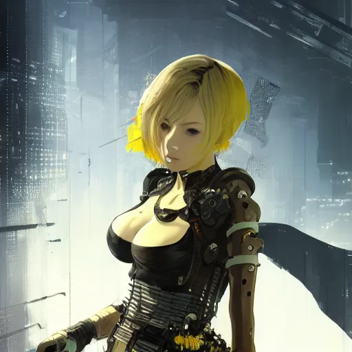 Image similar to highly detailed portrait of a post-cyberpunk young lady by Akihiko Yoshida, Greg Tocchini, 4k resolution, Nier inspired, yellow, black, brown and cyan color scheme