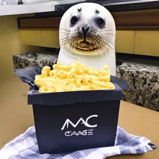 Prompt: A seal with a box of mac and cheese - n 6