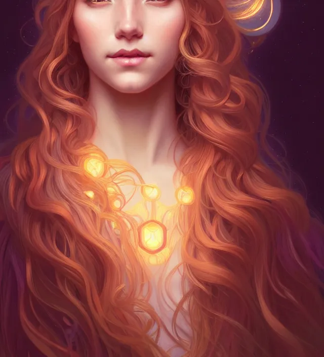 Image similar to symmetry!! portrait of hippie girl smiling, glowing hair!! serene, intricate, elegant, highly detailed, digital painting, artstation, concept art, smooth, sharp focus, illustration, art by artgerm and greg rutkowski and alphonse mucha, 8 k