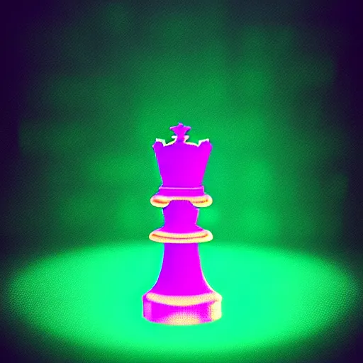 Image similar to vintage Polaroid photo of a queen chess piece made of neon lights resting on a reflection, digital forest, high quality architectural art , Isometric 3D Fantasy, Smoth 3D Illustration, Cinematic Matte Painting, soft render, Servando Lupini, handpaint texture, Blender, 3DCoat